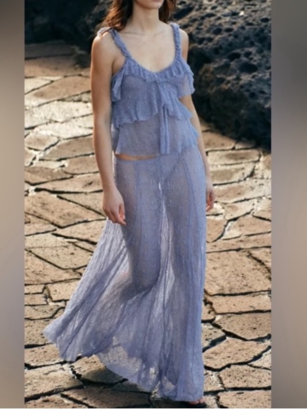 ZARA SET Blue Sheer Lace Midi Maxi Skirt & Ruffle Cami Top